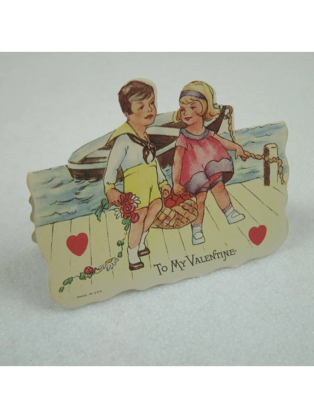Vintage Valentine Card Cutout Stand Up Boy Sailor Suit Girl at Boat with Basket